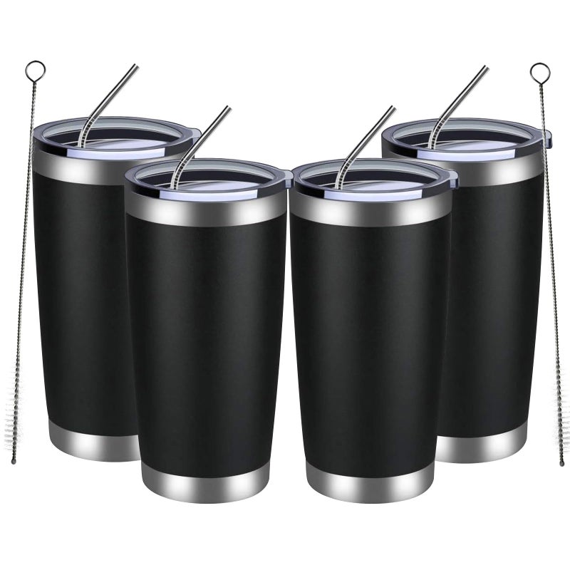 MEWAY 20oz Tumbler 4 Pack Double Wall Vacuum Insulated Travel Mug Bulk, Stainless Steel Tumblers with Lid and Straw, Durable Powder Coated Coffee Cups for Cold & Hot Drinks (Black, 4) - Image 1